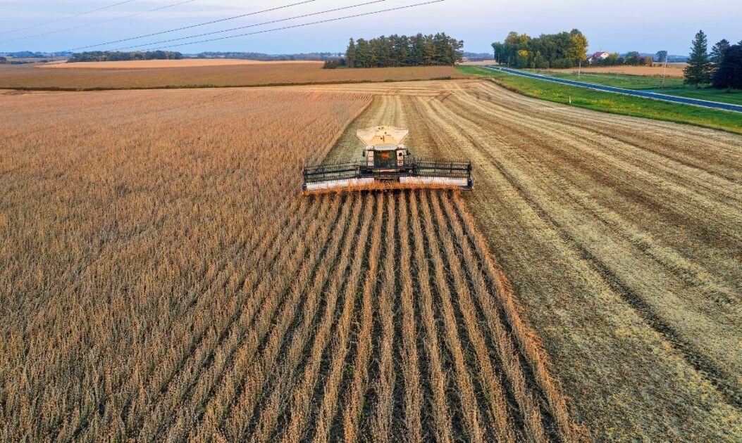 Trator em plantação de trigo ilustra a exposição do agronegócio aos riscos climáticos, como secas e variações de temperatura