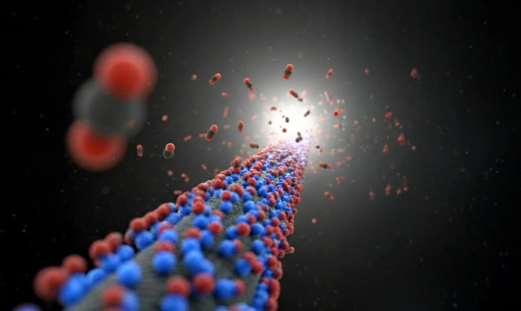 Ilustração de fibra de carbono funcionalizada com grupos NH2 adjacentes que aumentam a eficiência da captura de carbono e facilitam a liberação de CO₂ com menos energia