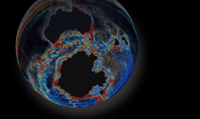 Simulação da corrente oceânica na Corrente Circumpolar Antártica mostrando circulação ao redor da Antártida