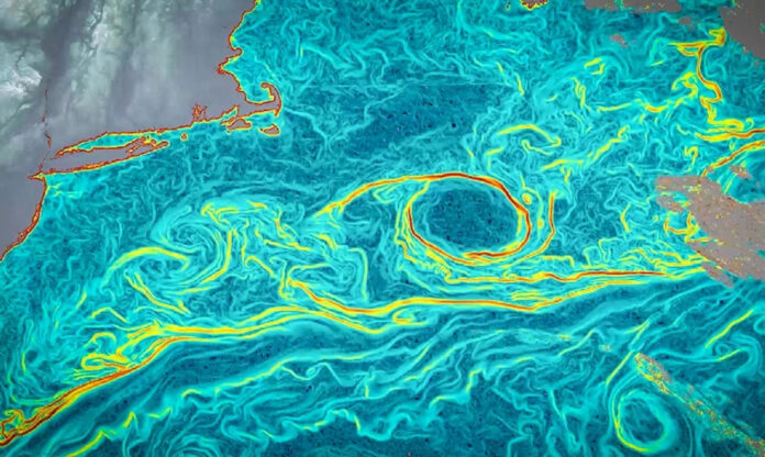 Mapa do Golfo com gradientes de temperatura que revelam correntes oceânicas complexas observadas por satélite