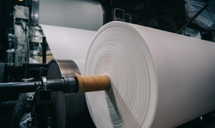 Produção industrial de papel e celulose, etapa onde pode ser aplicada enzima sustentável na indústria de papel para reduzir poluentes.