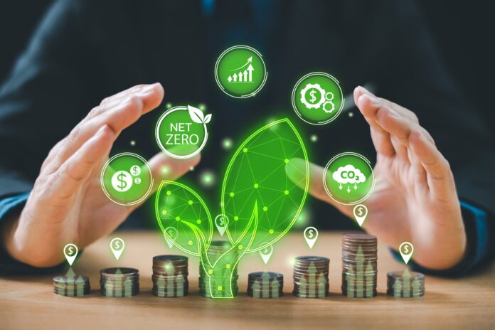 Ilustração de financiamento climático com gráfico de crescimento integrado à natureza, representando investimentos sustentáveis.