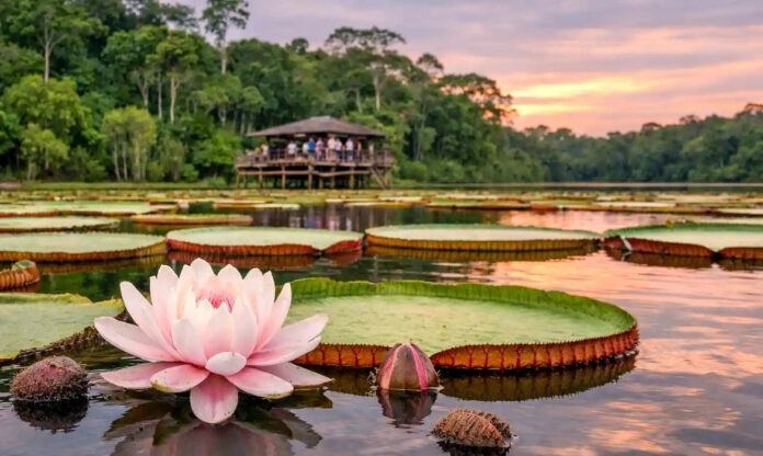 Folhas de vitória-régia em lago da Amazônia, planta associada à lenda da vitória-régia.