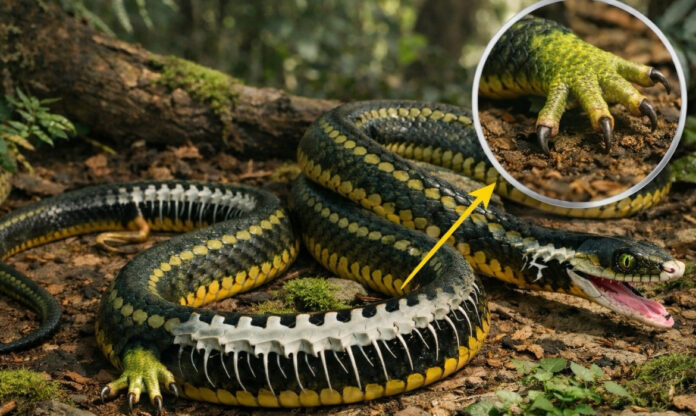 Ilustração da cobra com patas Najash rionegrina, espécie pré-histórica que viveu há cerca de 100 milhões de anos.