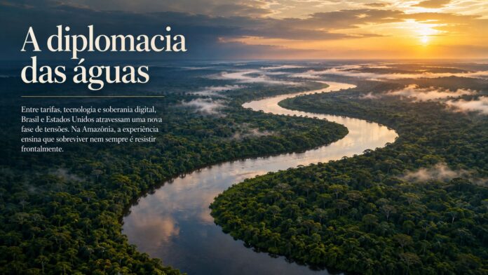 Imagem de rio na Amazônia com o texto: A diplomacia das águas.