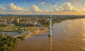Pintura a óleo mostra Boa Vista, em Roraima, às margens do Rio Branco, com o Mirante Edileusa Loz e a área urbana ao entardecer.